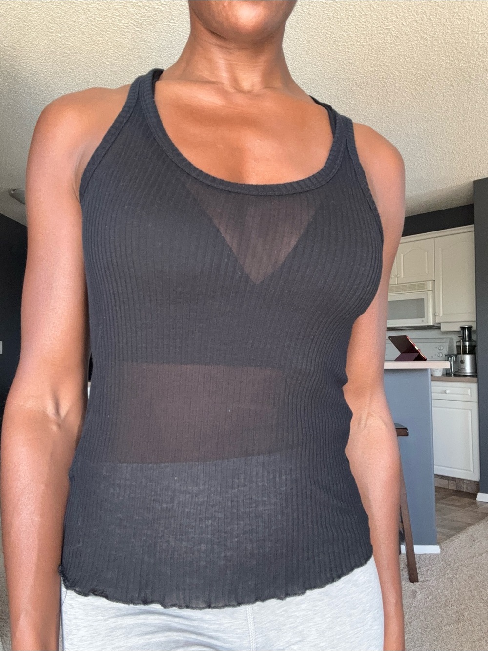 Oysho Black Ribbed Scoop-Neck Tank Top